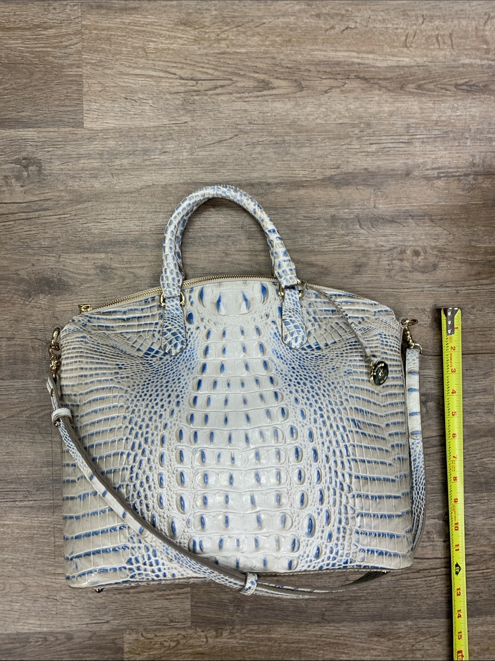 Brahmin Cream Satchel with Blue Accents and removable strap